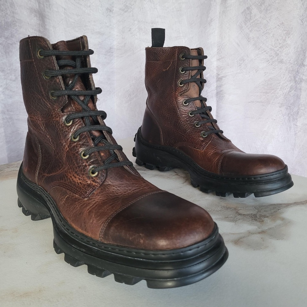 Bullboxer Boots Mens Size 9 Brown Leather Combat Ankle Lace Up Lug Sole
